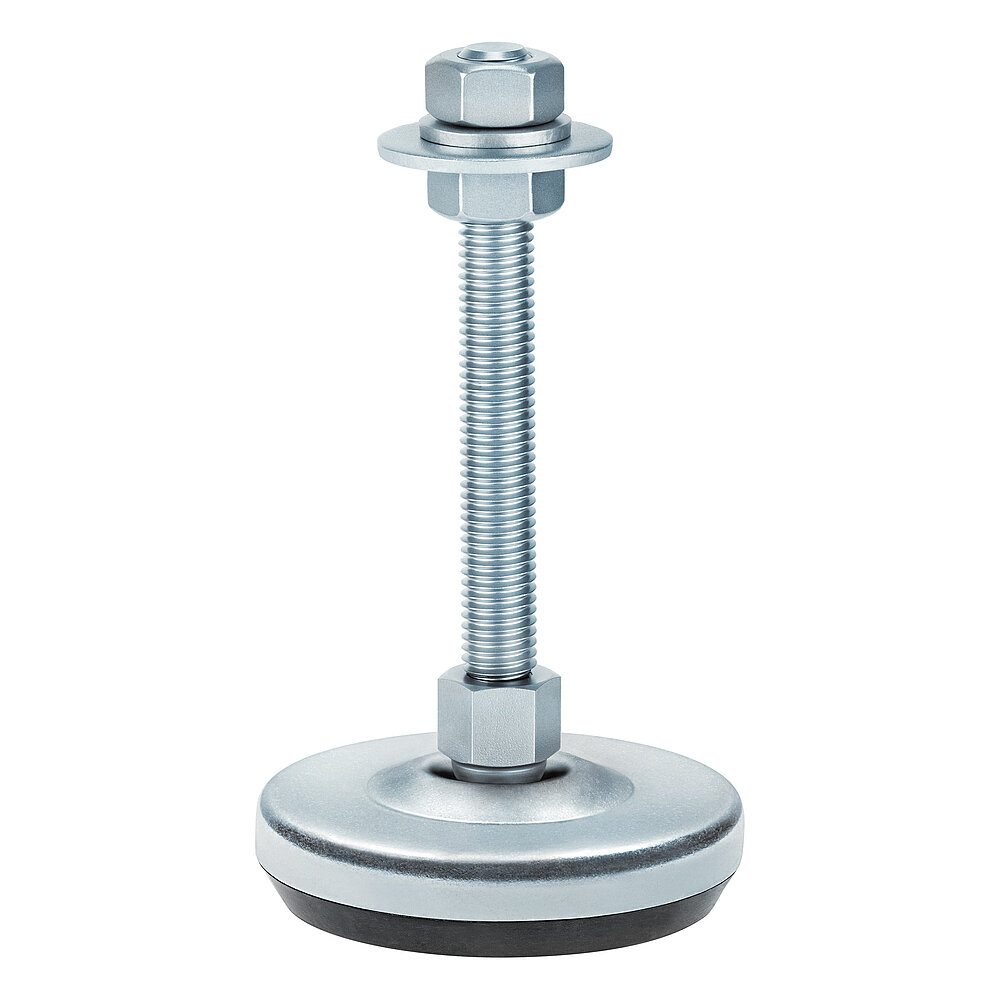 a machine foot made of bluish-shiny zinc-coated steel with 76 mm diameter at the base, thread M12x100 mm in a pendulum-action cap nut atop the base plate and black elastomer NBR underneath the base plate, isolated on white background