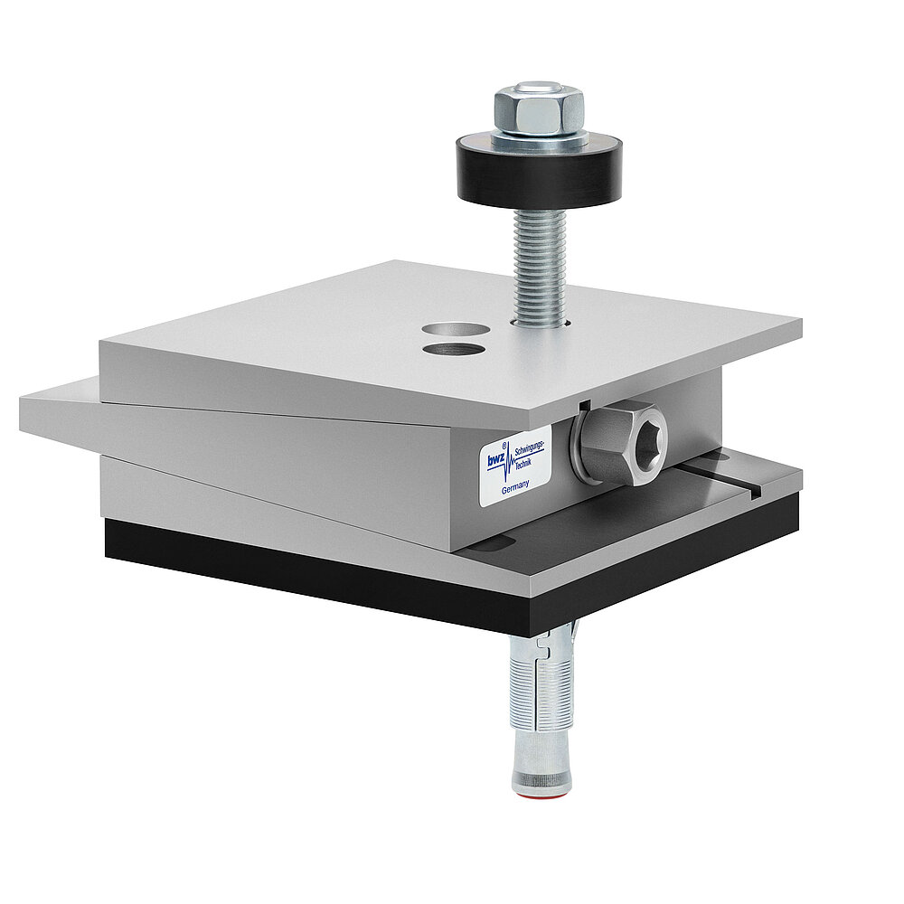a square, height-adjustable machine mount made of precision-milled metal, adjusted in maximum height position, consisting of top, middle and bottom part lacquered in silver colour, with the wedge-shaped middle part featuring a protruding centered hexagonal screw for height adjustment, two holes for fastening screws in the top part, a fastening screw passing through the bottom part and sticking out on top with a screwhead isolation disc at the top screw end, a medium-thick black elastomer with smooth surface for passive vibration isolation at the bottom and below, a zinc-galvanized ground dovel, isolated on white background