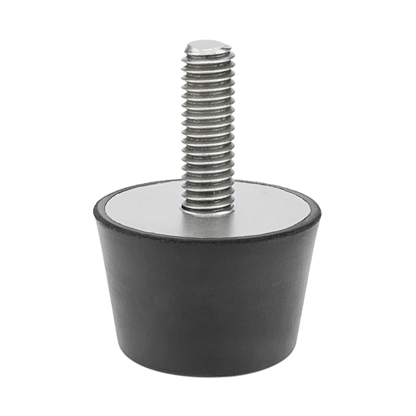 a rubber-metal bearing with outer thread on one side and a black, conical elastomer corpus, isolated on white background
