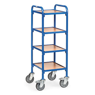 ein blauer FETRA® Wagen für Eurokästen mit vier Etagen auf weißem Hintergrund