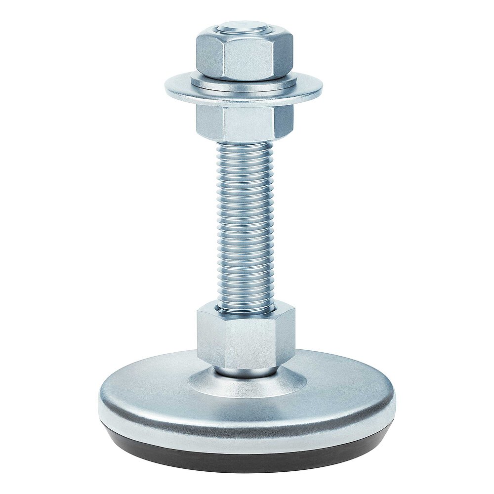 a machine foot made of bluish-shiny zinc-coated steel with 105 mm diameter at the base, thread M20x100 mm in a pendulum-action cap nut atop the base plate and black elastomer NBR underneath the base plate, isolated on white background