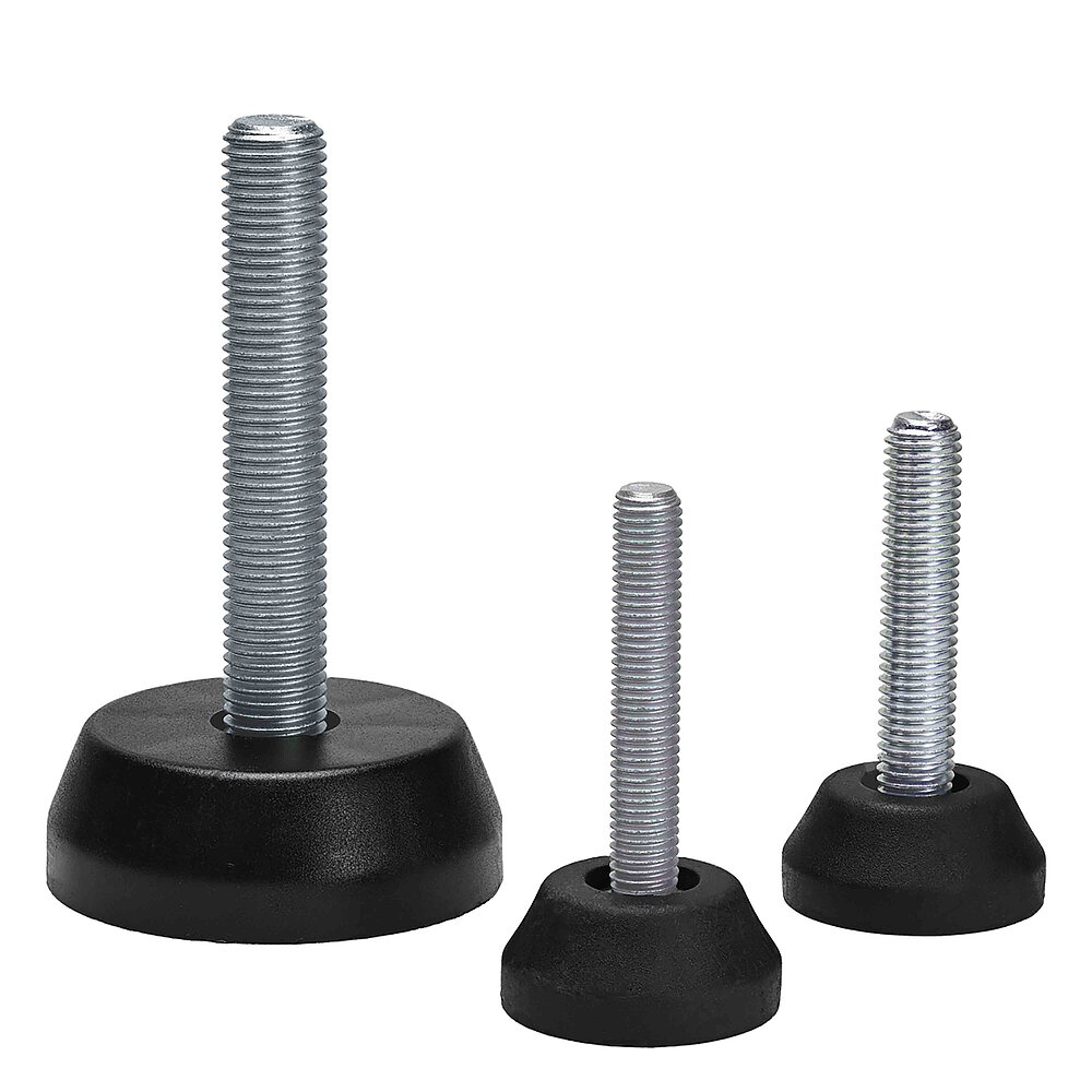 a composition of three round screw-in action levelling feet for machinery and appliances, made of black thermoplast elastomer or polyamide, with various diameters and tightly plastic-injection-moulded, zinc-coated levelling screws of various lengths and strengths, in the view from askew and from above, isolated on white background