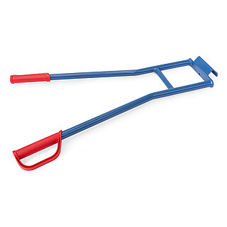 ein blauer, sich v-förmig weitender einhängbarer FETRA® Tragholm aus Stahlrohr für FETRA® Gerätekarren mit roten Kunststoffgriffen, freigestellt auf weißem Hintergrund