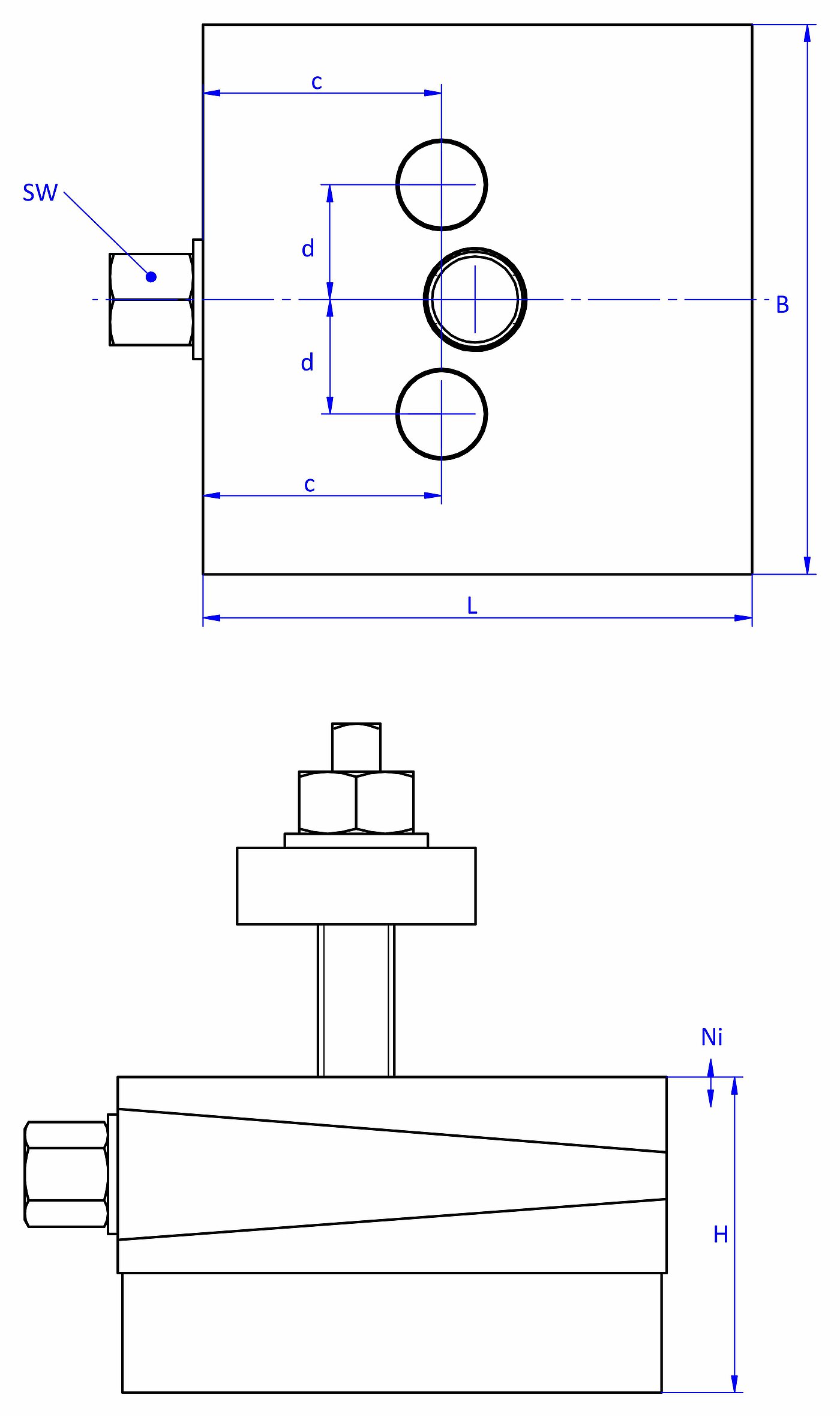 schematische Zeichnung eines durchschraubbaren Maschinenschuhs, in der Draufsicht mit zwei Durchgangslöchern im Oberteil und Unterteil, und in der Seitenansicht mit dickem Elastomer mit Profilierung zur Schwingungsisolierung unten sowie einer durch das Unterteil durchgehenden Befestigungsschraube mit Isolierscheibe