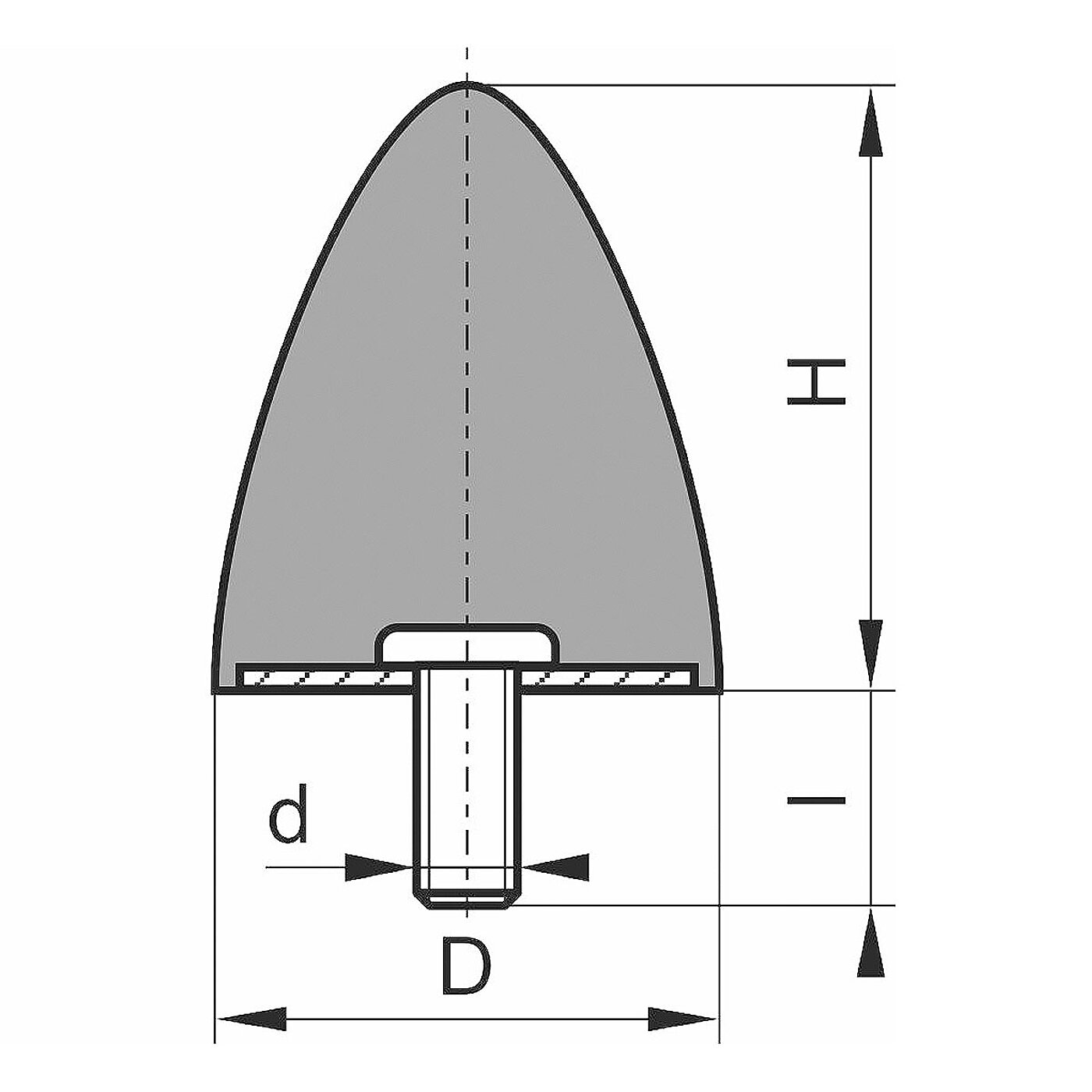 schematische Zeichnung eines Gummi-Metall-Elementes mit einseitigem Außengewinde und parabelförmigem Elastomerkorpus