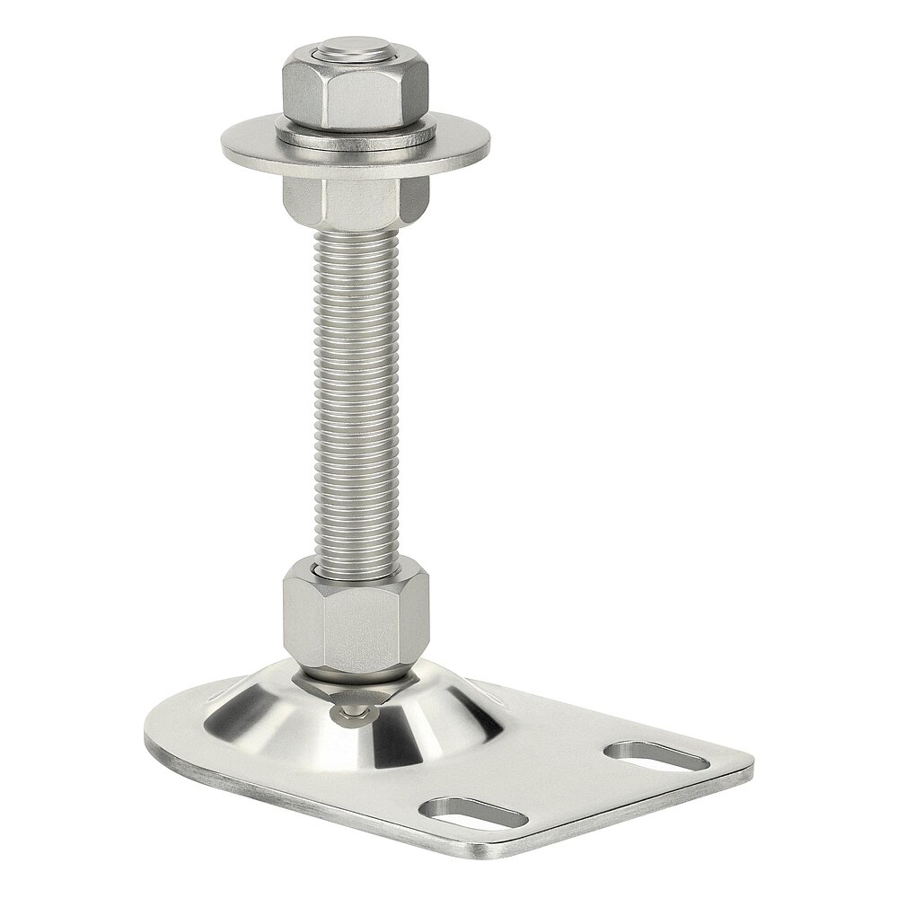an elongated machine foot made of shiny stainless steel with oblong holes for floor-fastening and thread M16x100 mm in a pendulum-action cap nut, isolated on white background