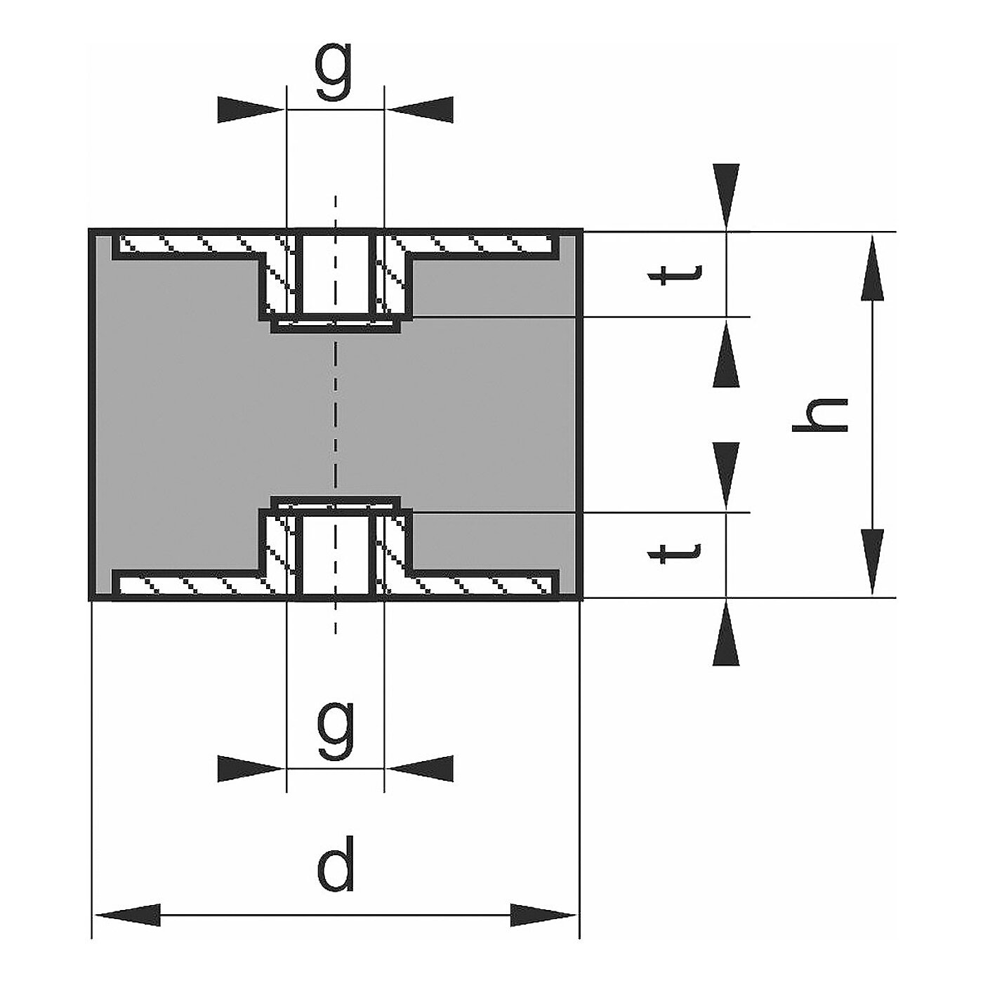 schematische Zeichnung eines Gummi-Metall-Elementes mit beidseitigem Innengewinde und dazwischenliegendem zylindrischen Elastomerkorpus