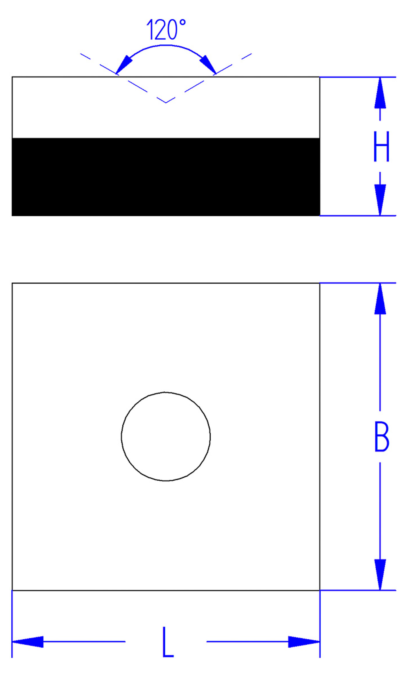 schematische Zeichnung eines quadratischen Maschinenfußes, bestehend aus einer Stahlplatte mit 120 Grad Senkung für Nivellierschrauben und darunterliegendem Elastomer für Schwingungsdämpfung, in der Seitenansicht und in der Draufsicht