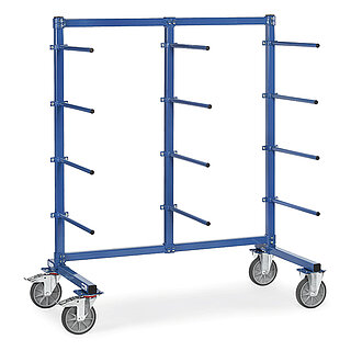 ein blauer FETRA® Tragarmwagen mit vier Etagen und einseitigen Tragstäben auf weißem Hintergrund