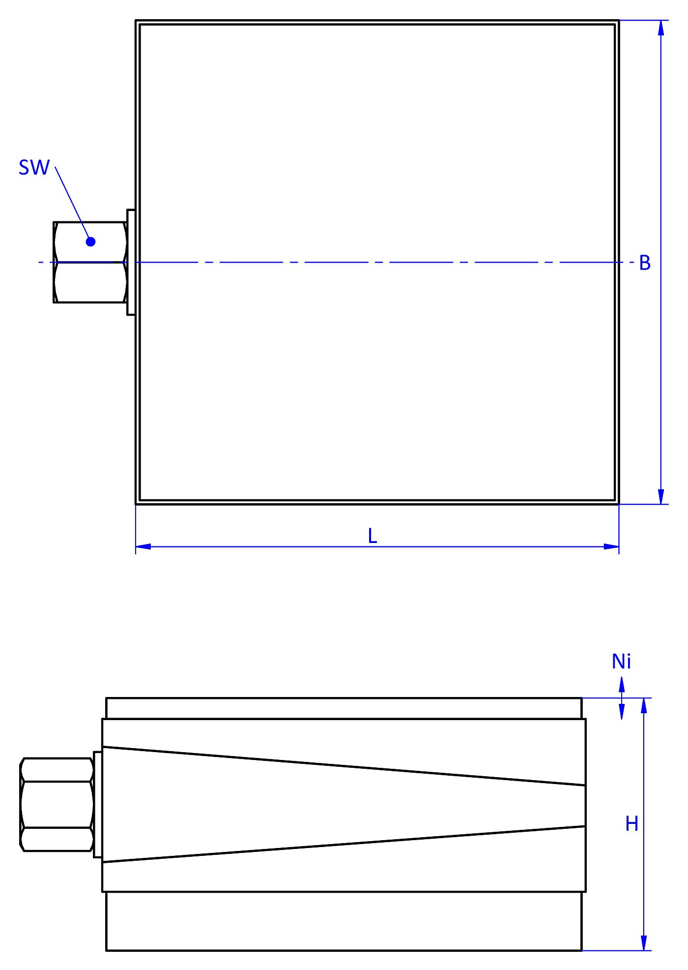 schematische Zeichnung eines freistehenden Maschinenschuhs, in der Draufsicht mit dünnerem Elastomer ohne Profilierung auf dem Oberteil für Gleitschutz, und in der Seitenansicht zusätzlich mit mitteldickem Elastomer ohne Profilierung zur Schwingungsdämpfung unten