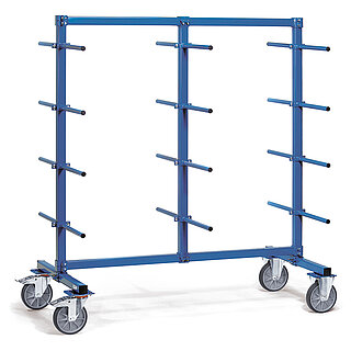 ein blauer FETRA® Tragarmwagen mit vier Etagen und beidseitigen Tragstäben auf weißem Hintergrund