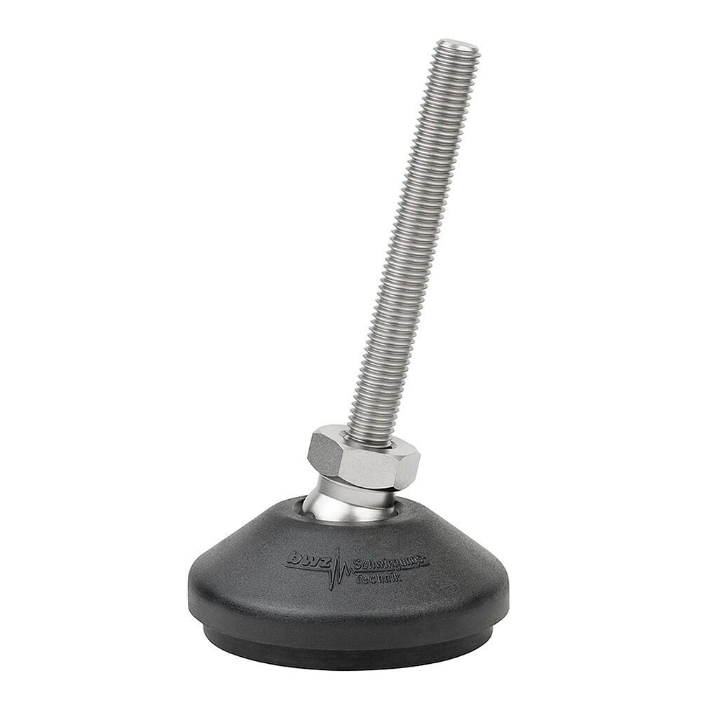 a round, upwards conically tapering machine foot made of black composite material with 80 mm diameter at the base, black elastomer NBR for non-slip protection at the bottom and slightly to the right tilted stainless steel thread M12x100 mm in a pendulum-action hexagonal spanner flat ball joint, isolated on white background