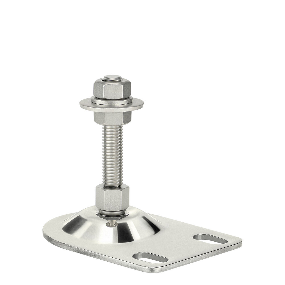 an elongated machine foot made of shiny stainless steel with oblong holes for floor-fastening and thread M12 x 50 mm in a pendulum-action cap nut, isolated on white background