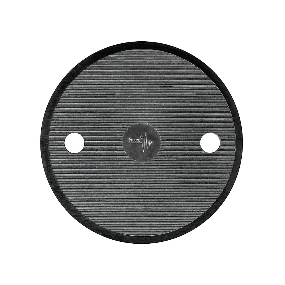 bottom side of a round machine foot made of black composite material with 80 mm diameter and in-laid black elastomer made of nitrile rubber NBR for non-slip protection, with fine horizontal grooved lines and two boreholes at the sides, as well as a centered logo of the company 'bwz Schwingungstechnik', isolated on white background