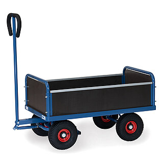 ein blauer 2-achsiger FETRA® Handwagen mit Lenkdeichsel, 4 dunklen Seitenwänden und Luftbereifung auf weißem Hintergrund