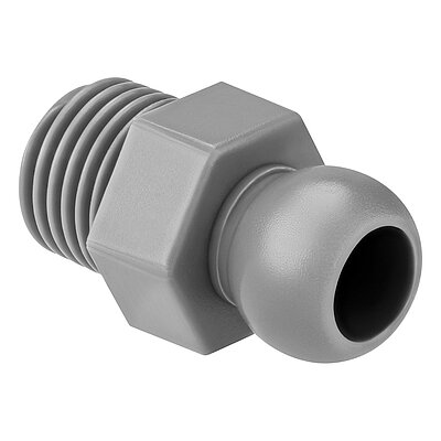 a plastik-made light-grey threaded nipple of the Aqua-Loc modular coolant hose series, with 1/4" thread at the rear, a hexagonal in the middle and ballhead hinge at the front for conducting cutting coolant liquids, isolated on white background