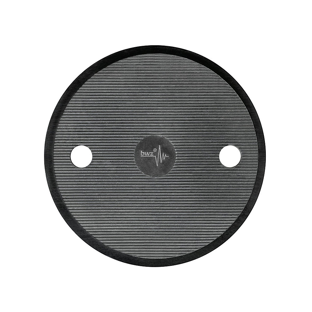 bottom side of a round machine foot made of black composite material with 80 mm diameter and in-laid black elastomer made of nitrile rubber NBR for non-slip protection, with fine horizontal grooved lines and two boreholes at the sides, as well as a centered logo of the company 'bwz Schwingungstechnik', isolated on white background