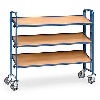 ein blauer FETRA® Wagen für Eurokästen mit drei schräggestellten Etagen auf weißem Hintergrund