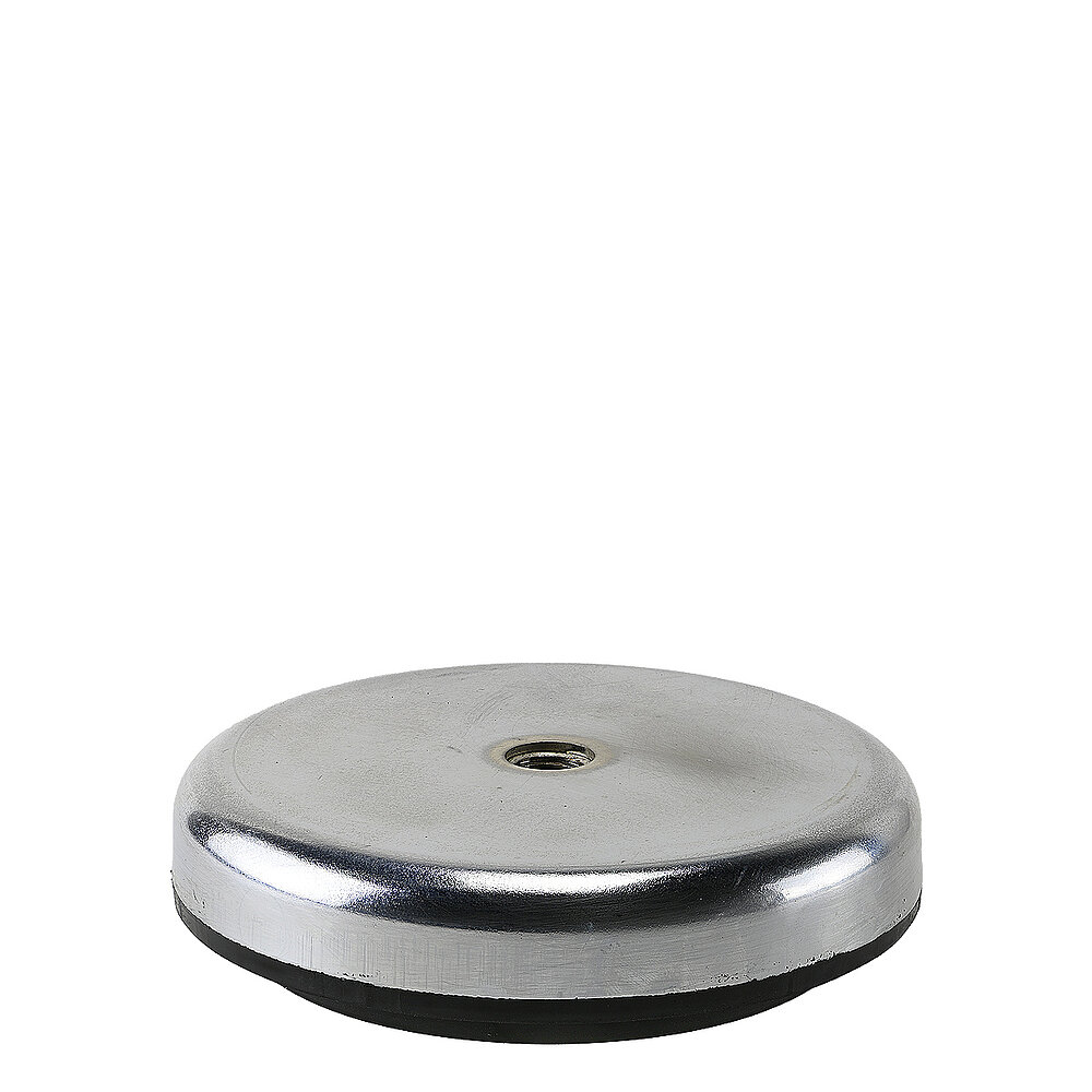 a round vibration damper with 160 mm diameter, matte-shiny zinc-galvanized metal surface, black vulcanized elastomer at the bottom and central inner thread for levelling screw M16, isolated on white background