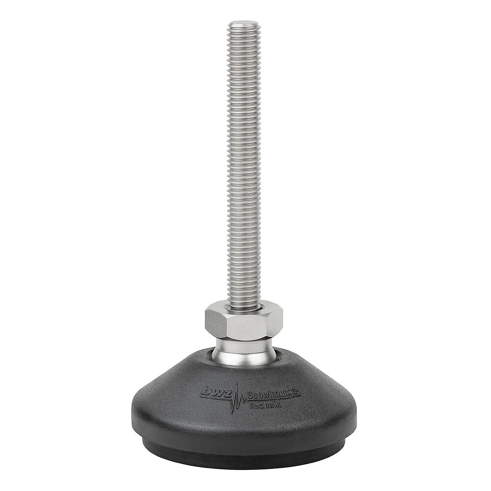 a round, upwards conically tapering machine foot made of black composite material with 80 mm diameter at the base, black elastomer NBR for non-slip protection at the bottom and vertically upward facing stainless steel thread M12x100 mm in a pendulum-action hexagonal spanner flat ball joint, isolated on white background