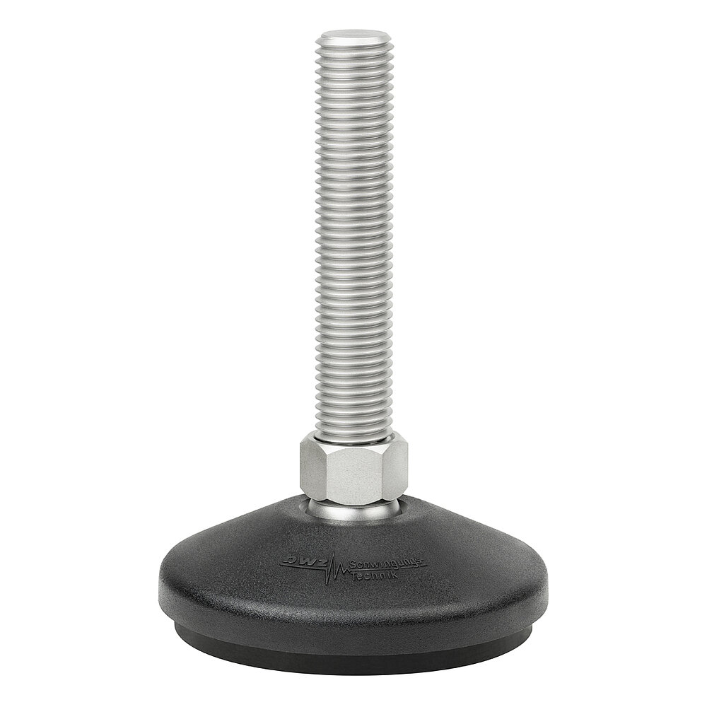 a round, upwards conically tapering machine foot made of black composite material with 100 mm diameter at the base, black elastomer NBR for non-slip protection at the bottom and vertically upward facing stainless steel thread M20x100 mm in a pendulum-action hexagonal spanner flat ball joint, isolated on white background