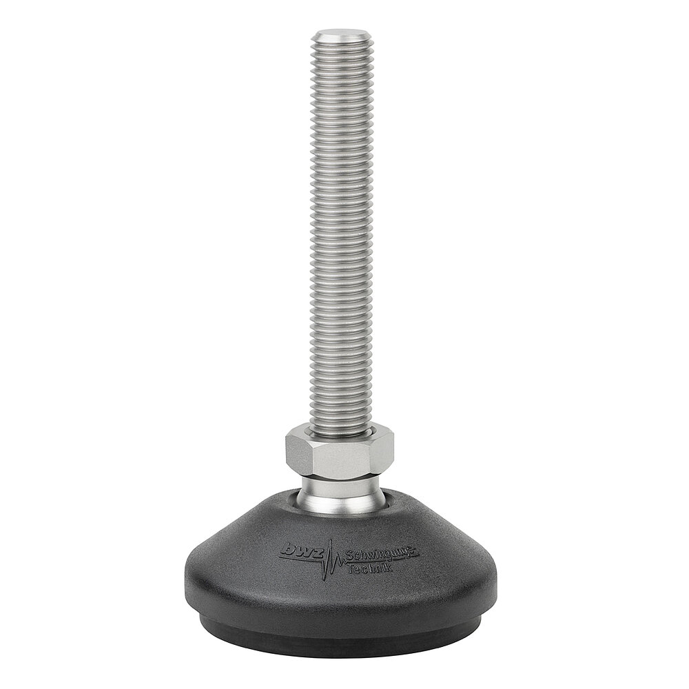 a round, upwards conically tapering machine foot made of black composite material with 80 mm diameter at the base, black elastomer NBR for non-slip protection at the bottom and vertically upward facing stainless steel thread M16x100 mm in a pendulum-action hexagonal spanner flat ball joint, isolated on white background