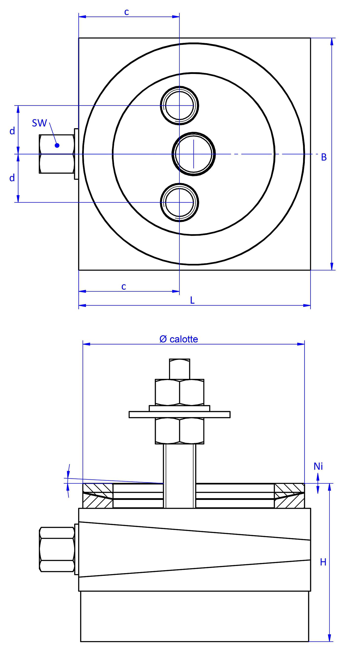 schematic drawing of a bolt-on action machine mount, in the view from the top with two holes in the top part and two threads in the bottom part, an angular compensation calotte consisting of two convex / concave metal rings on the top part and in the side view with a thick elastomer with structured surface for vibration isolation at the bottom and a fastening screw fastened in the bottom part