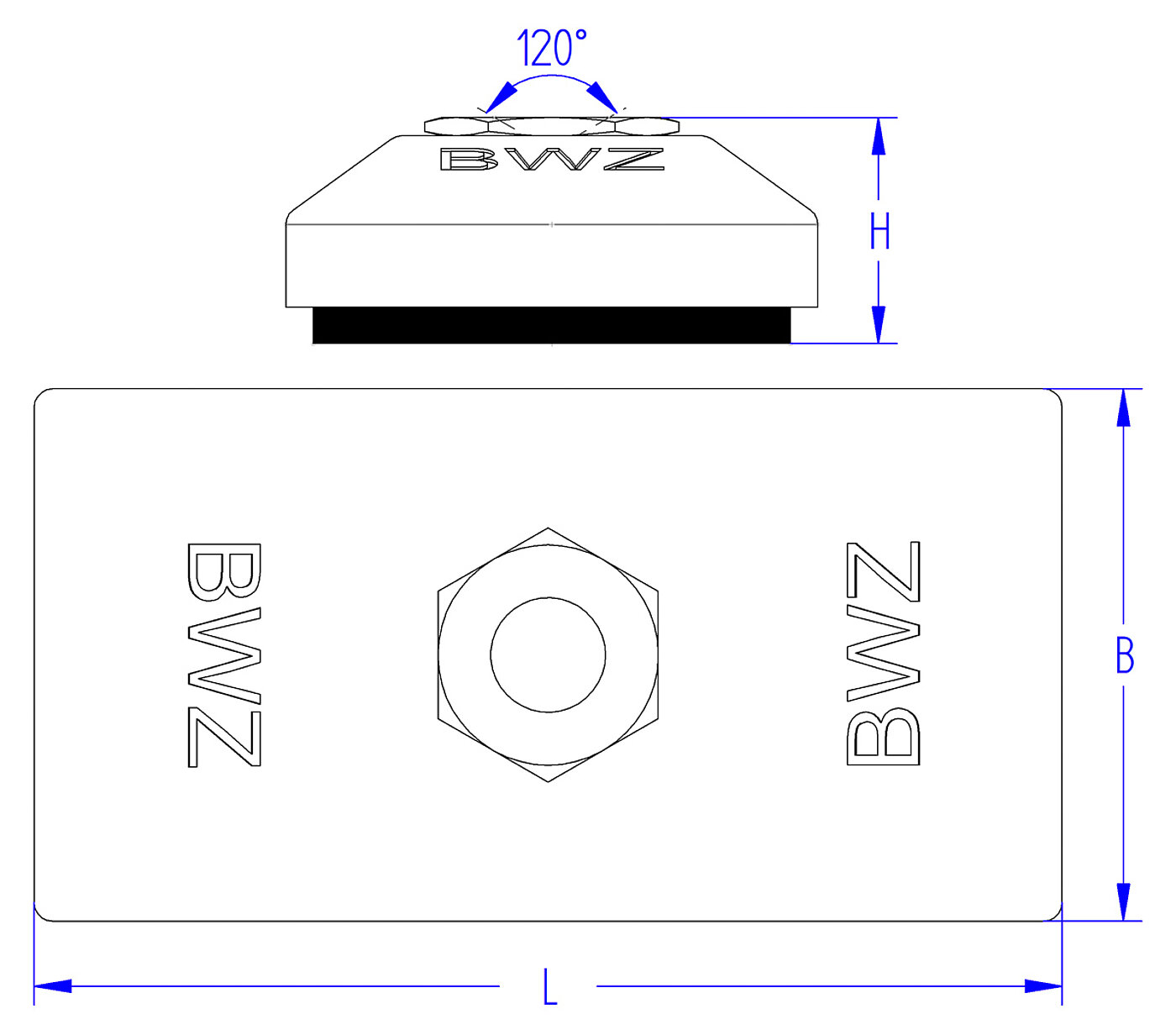 schematische Zeichnung eines rechteckigen Nivellierelementes mit mittig eingeschraubter kegelförmiger Vertiefung für Nivellierschrauben, und Elastomer zur Schwingungsdämpfung unten, in der Seitenansicht und in der Draufsicht