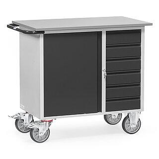 ein grauer FETRA® Werkstattwagen mit Schrank und Schubladen auf weißem Hintergrund