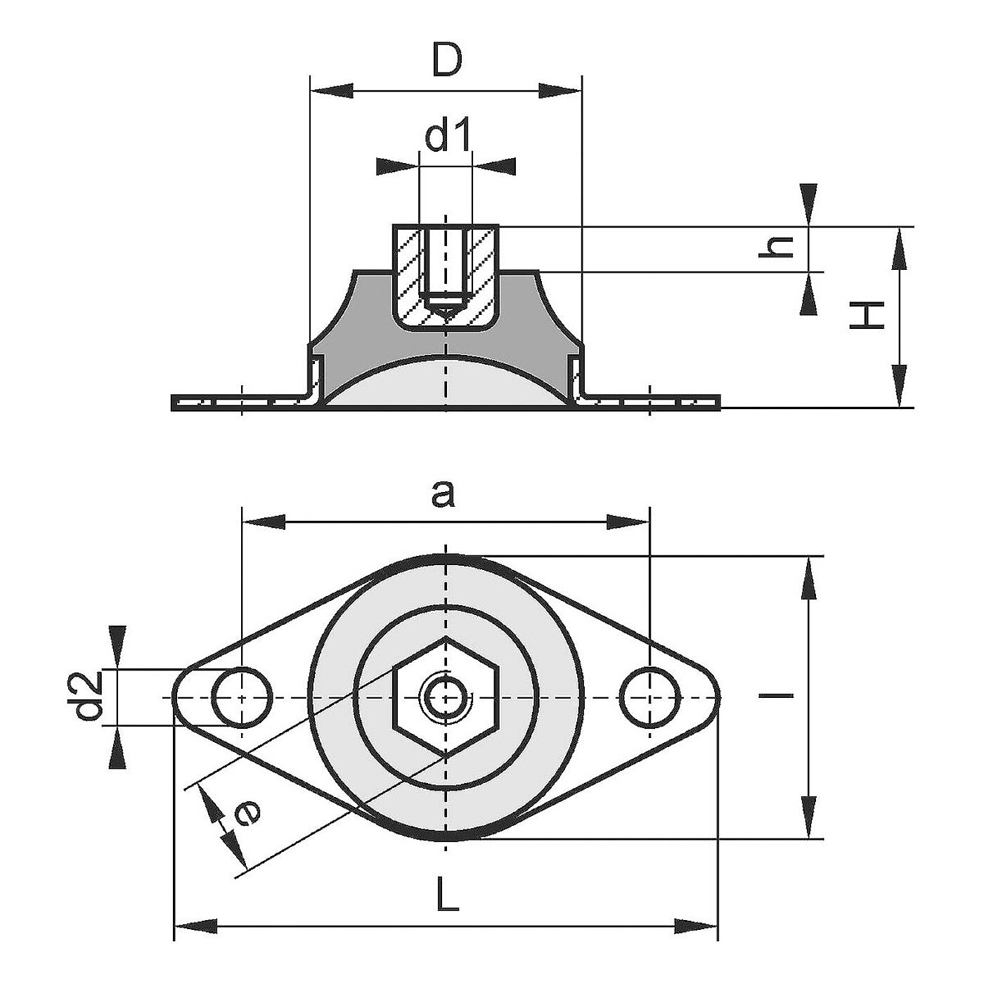 schematische Zeichnung eines Gummi-Metall-Elementes mit Bodenplatte, Gewindeeinsatz und dazwischenliegendem Elastomerkorpus