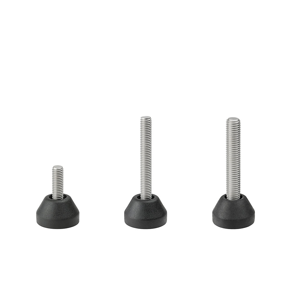 a composition of three round screw-in action levelling feet for machinery and appliances, made of black thermoplast elastomer, each with a diameter of 30 mm and each with a tightly plastic-injection-moulded levelling screw of various lengths and strengths, in the view from askew and from above, isolated on white background