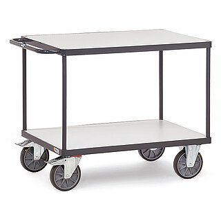 ein schiefergrauer FETRA® Tischwagen in ESD Ausführung mit zwei Etagen auf weißem Hintergrund