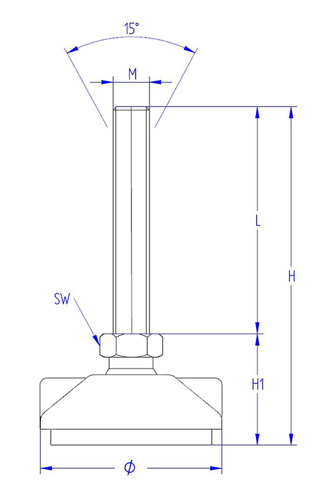 schematic drawing of a round, upwards conically tapering machine foot made of composite material, with elastomer NBR for non-slip protection at the bottom, two cusped elevations with boreholes for ground-fastening at the sides, and stainless steel thread in a pendulum-action ( ca. 15 degrees ) hexagonal spanner flat ball joint, in the side view