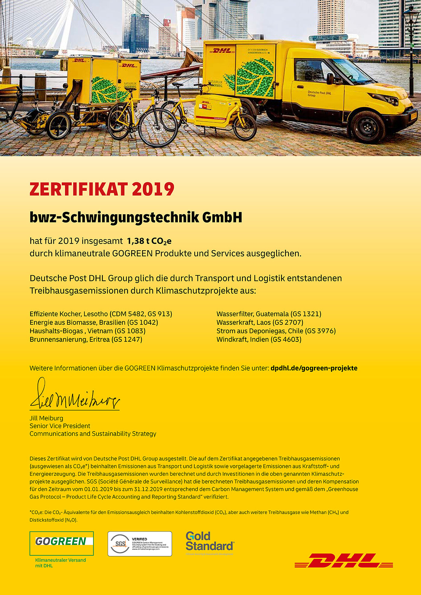 bwz Schwingungstechnik 1,38t CO²e-Einsparung 2019 durch DHL GOGREEN