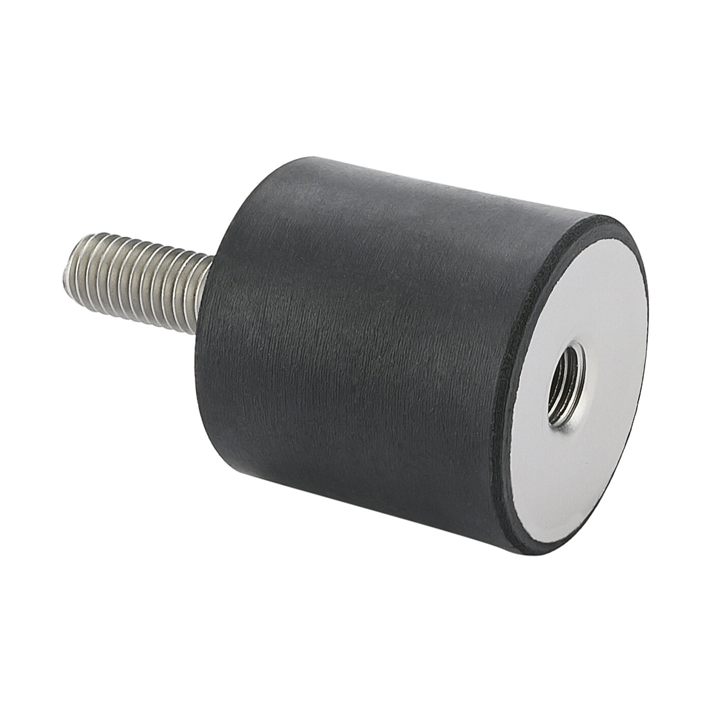 a rubber-metal bearing with outer thread, inner thread and in between a black, cylindrical elastomer corpus, isolated on white background