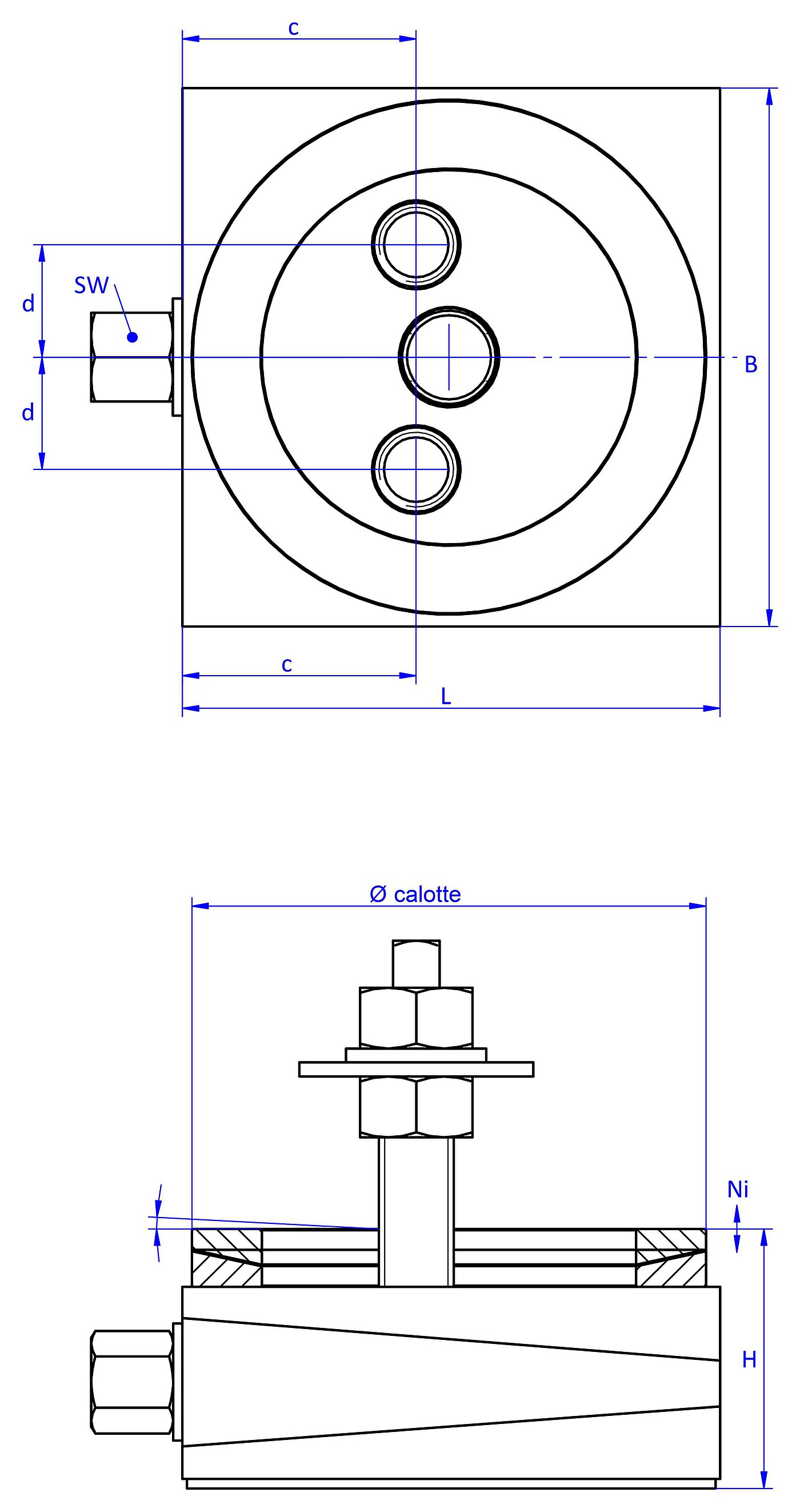 schematic drawing of a bolt-on action machine mount, in the view from the top with two holes in the top part and two threads in the bottom part, an angular compensation calotte consisting of two convex / concave metal rings on the top part and in the side view with a thin elastomer with smooth surface for non-slip protection at the bottom and a fastening screw fastened in the bottom part