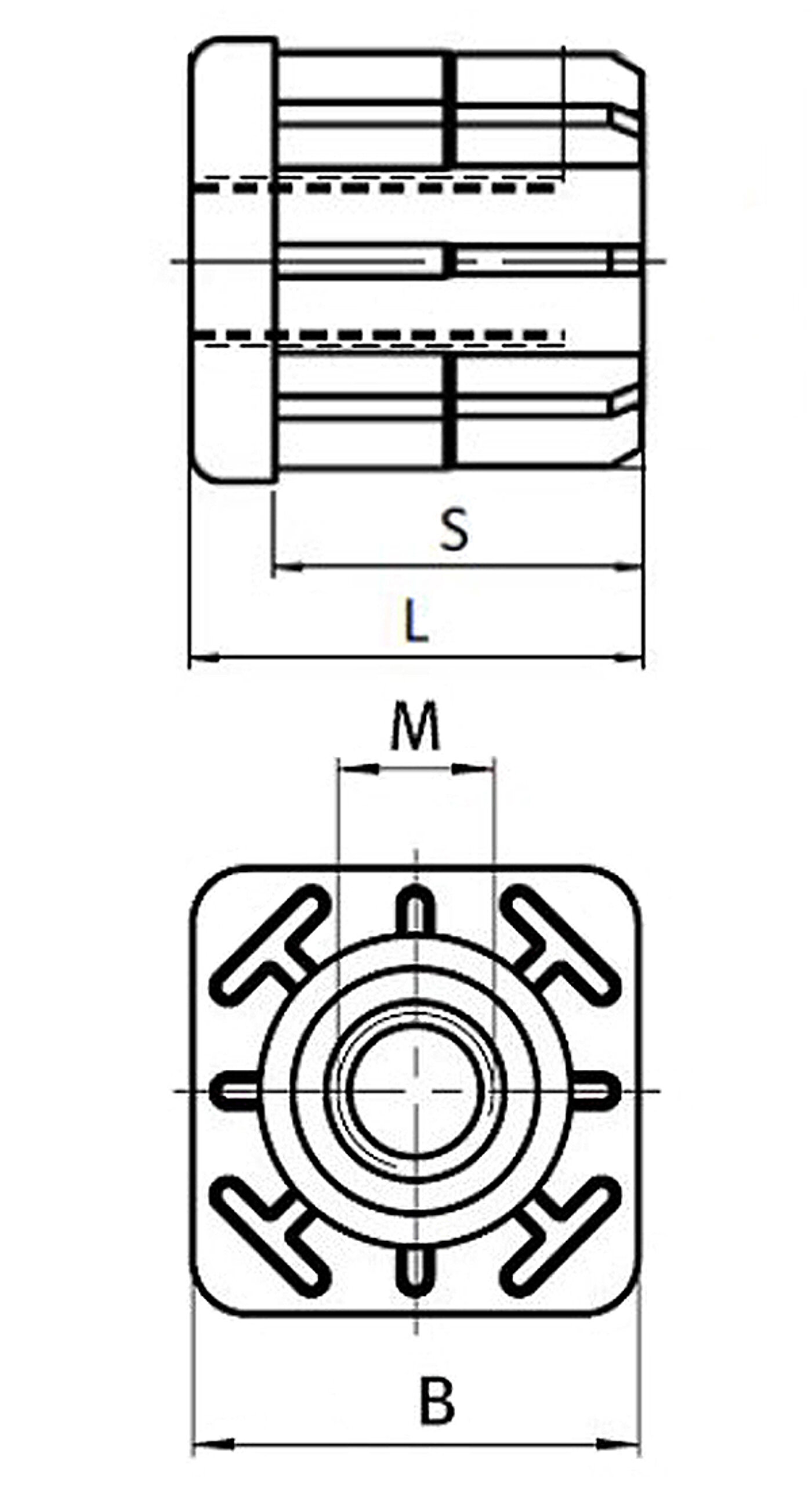 schematische Zeichnung eines würfelförmigen Korpus aus Polyamid mit mittig platziertem bündig eingelassenen Innengewinde zum Einstecken in quadratische Rohrenden, in der Seitenansicht und in der Draufsicht
