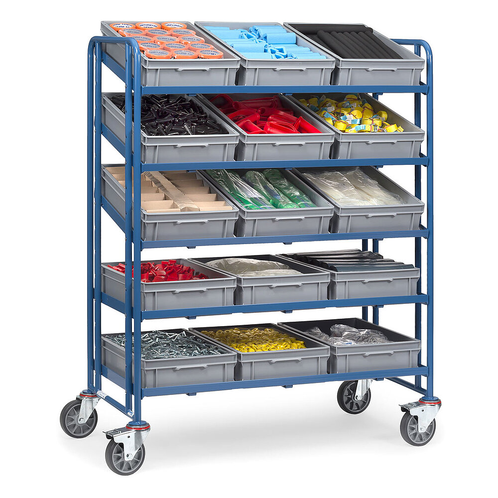 ein blauer FETRA® Wagen mit fünf Etagen, davon drei schräg, und 15 befüllten grauen Eurokästen auf weißem Hintergrund