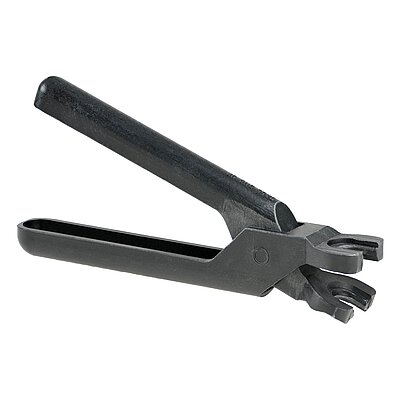 a black assembly plier of the Aqua-Loc series made of long fibre nylon, for the system size 1/4", isolated on white background