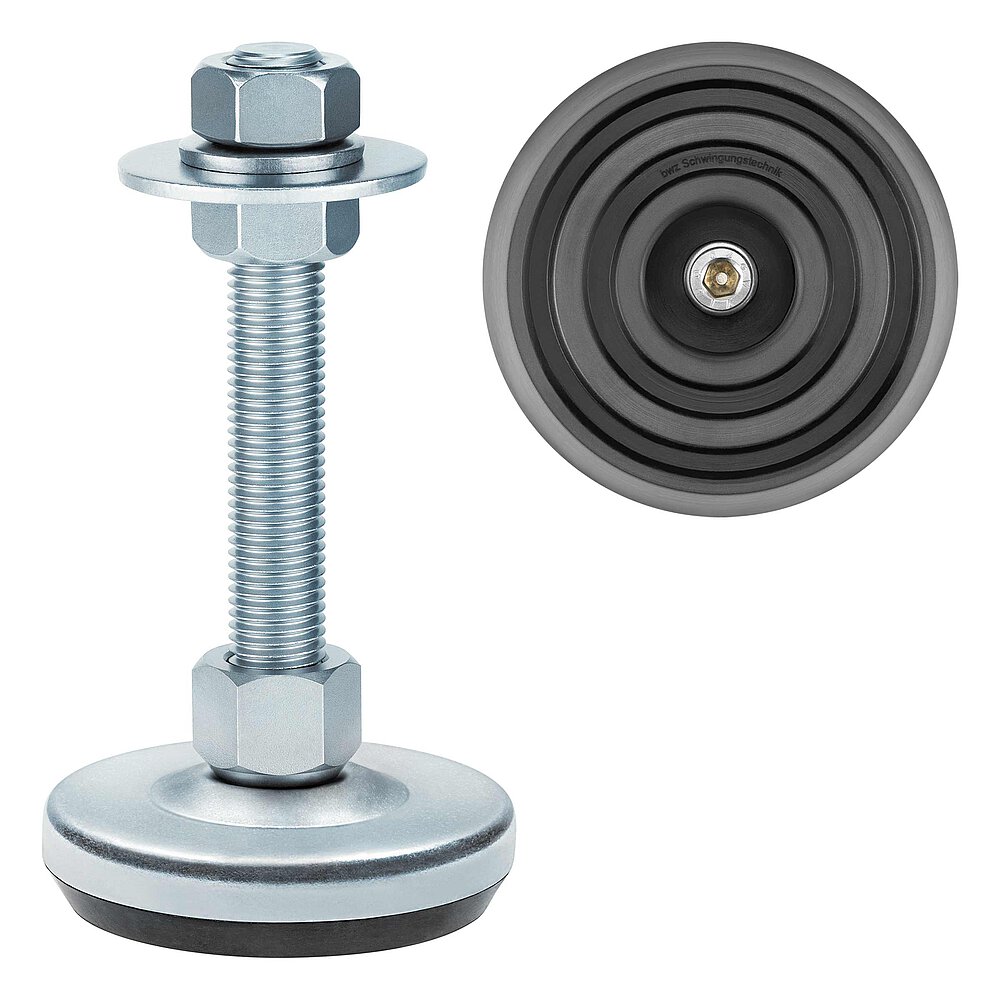 a machine foot made of bluish-shiny zinc-coated steel with 76 mm diameter at the base, thread M16x100 mm in a pendulum-action cap nut atop the base plate and additional flat-lay view of the black elastomer NBR with concentric non-slip protection profile underneath the base plate, isolated on white background