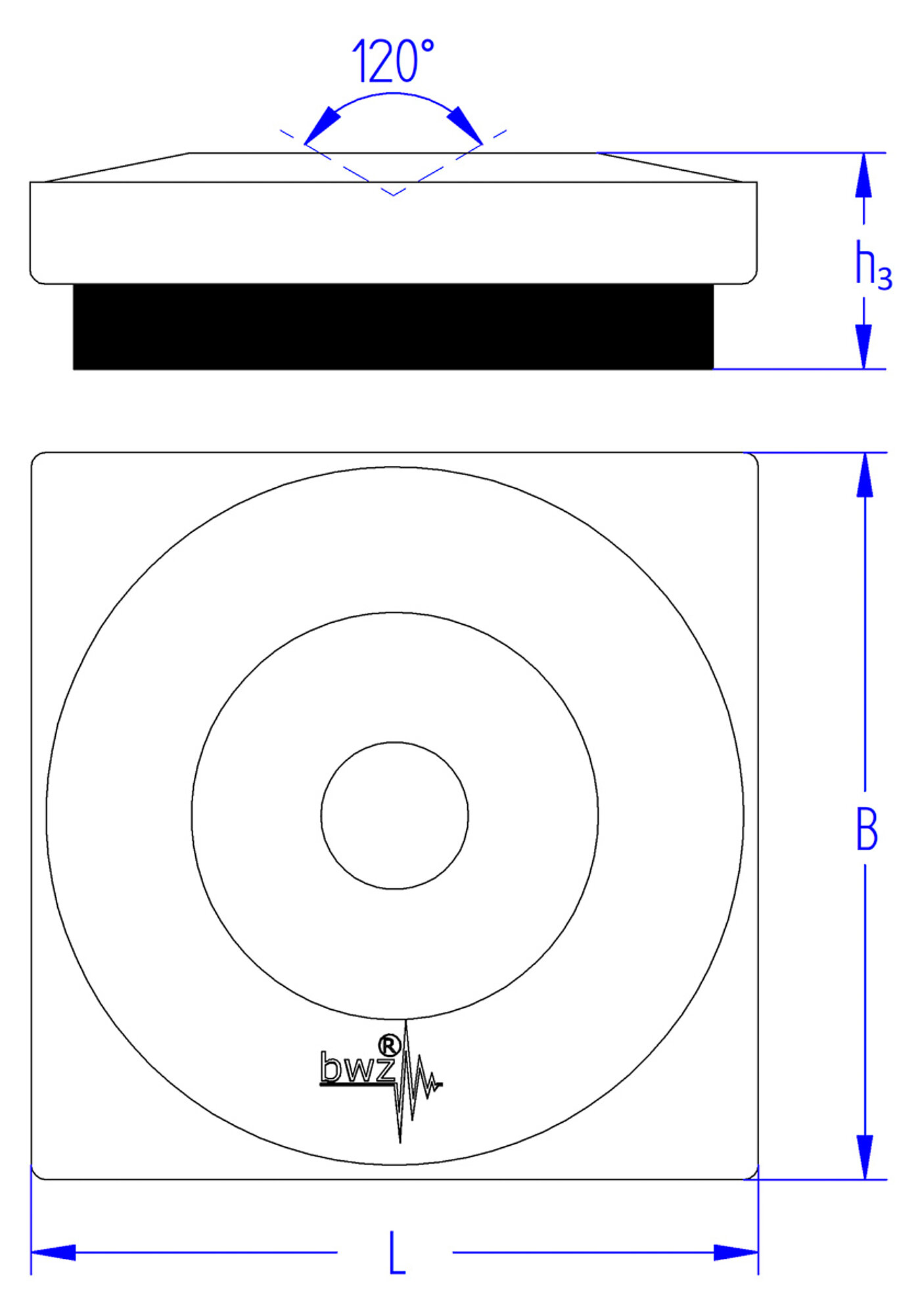 schematische Zeichnung eines quadratischen Nivellierelementes mit kegelförmiger Vertiefung in der Mitte für Nivellierschrauben und Elastomer zur Schwingungsdämpfung unten, in der Seitenansicht und in der Draufsicht