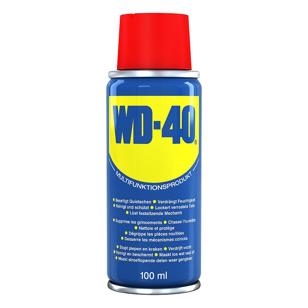 a blue-yellow WD-40® 100 ml spray can with red sealing cap on top, isolated on white background