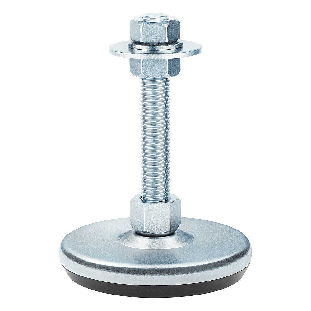 a machine foot made of bluish-shiny zinc-coated steel with 105 mm diameter at the base, thread M16x100 mm in a pendulum-action cap nut atop the base plate and black elastomer NBR underneath the base plate, isolated on white background