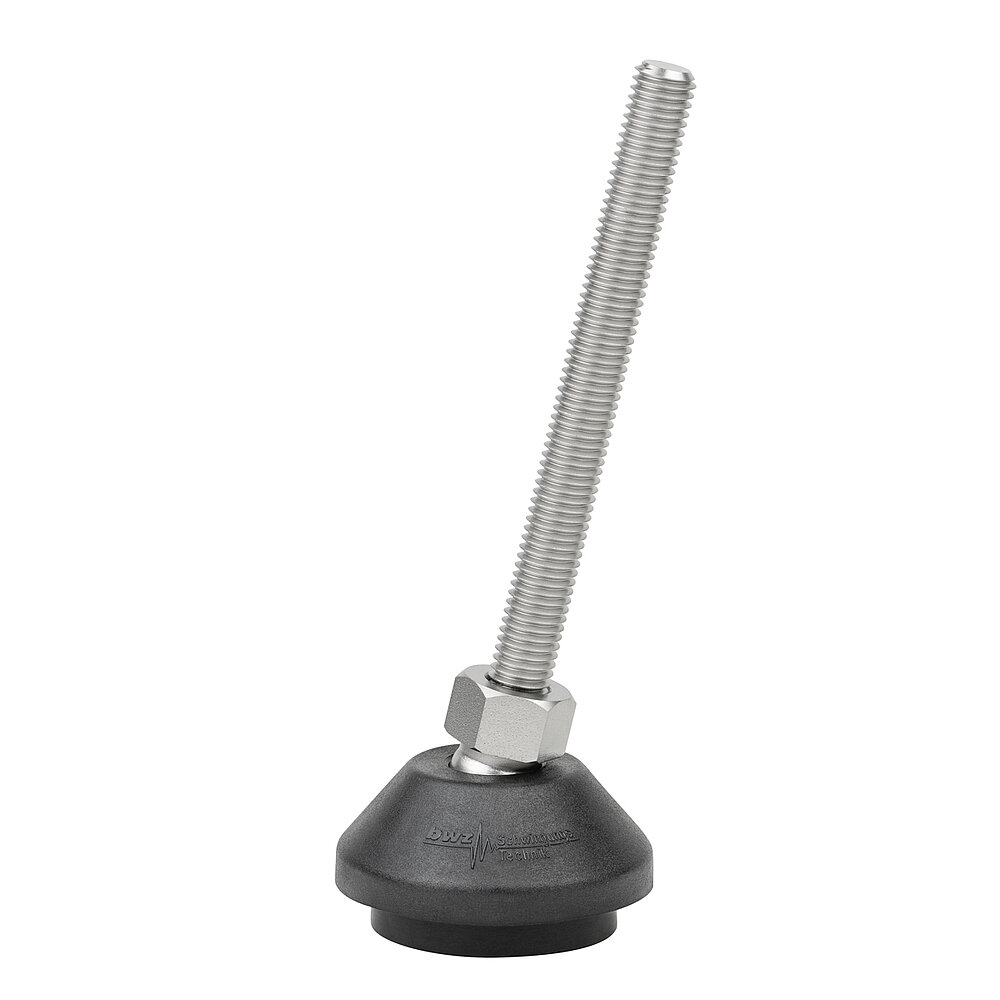 a round, upwards conically tapering machine foot made of black composite material with 50 mm diameter at the base, black elastomer NBR for non-slip protection at the bottom and slightly to the right tilted stainless steel thread M10x100 mm in a pendulum-action hexagonal spanner flat ball joint, isolated on white background