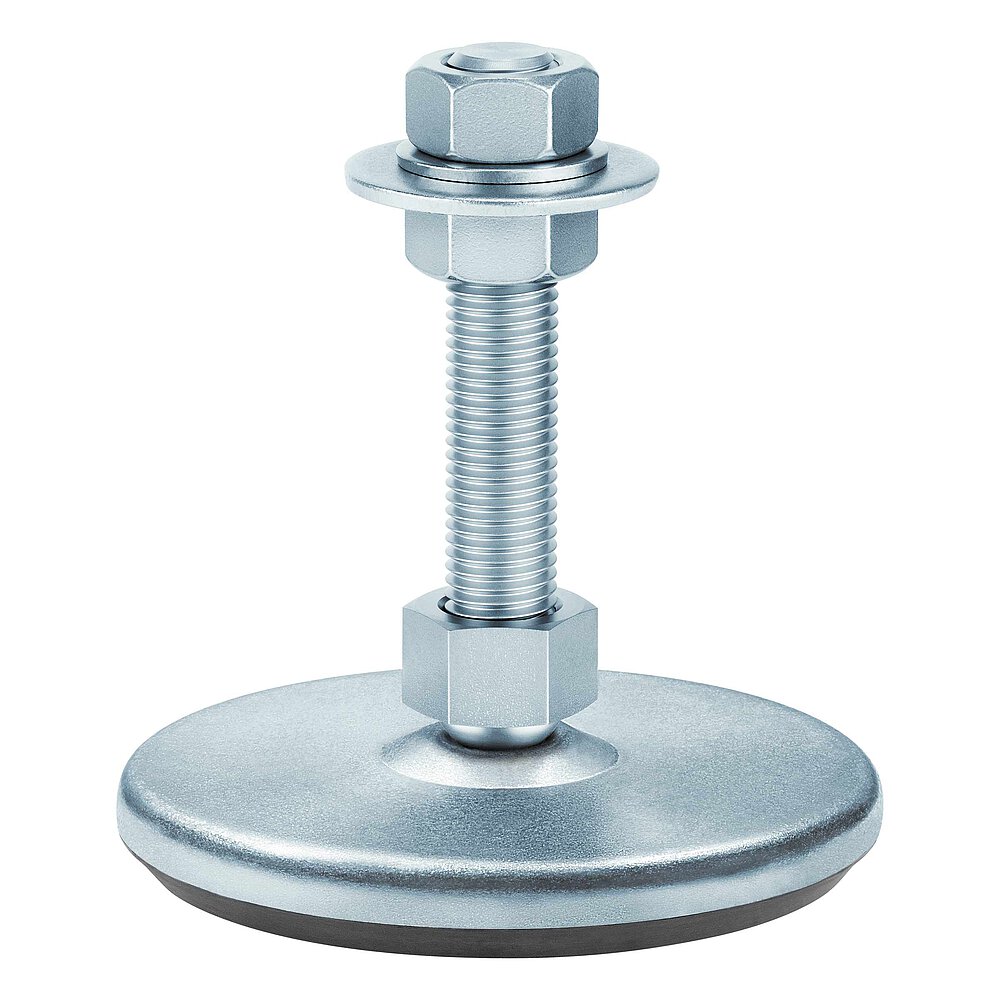 a machine foot made of bluish-shiny zinc-coated steel with 135 mm diameter at the base, thread M20x100 mm in a pendulum-action cap nut atop the base plate and black elastomer NBR underneath the base plate, isolated on white background