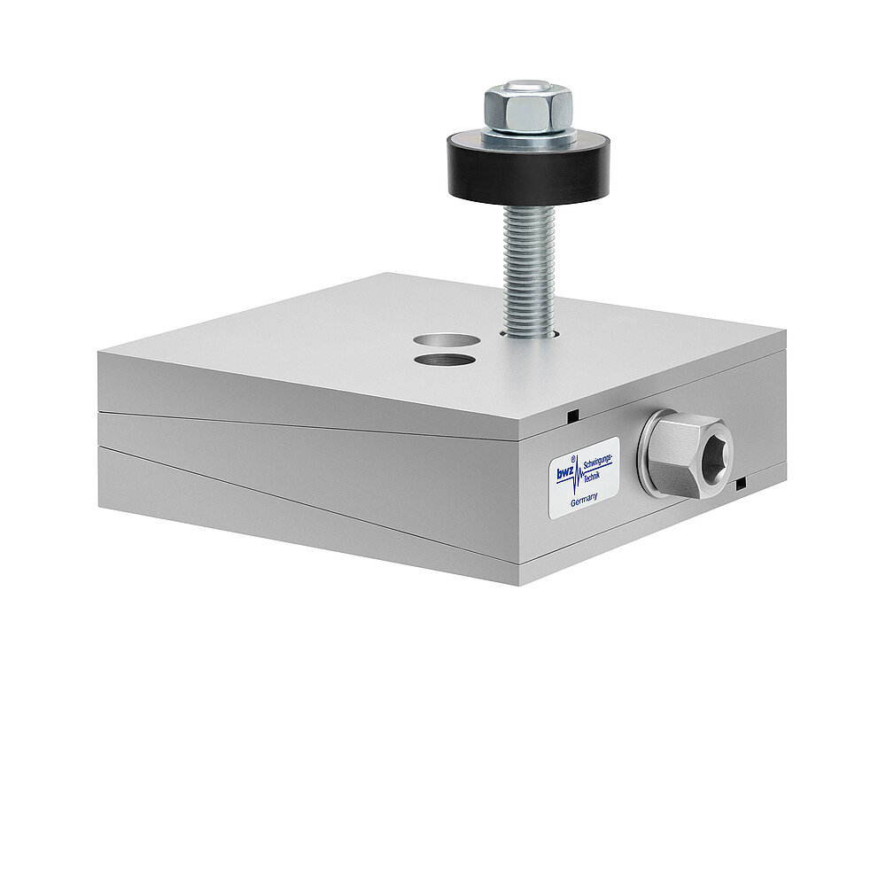 a square, height-adjustable machine mount made of precision-milled metal, adjusted in middle position, consisting of top, middle and bottom part lacquered in silver colour, with the wedge-shaped middle part featuring a protruding centered hexagonal screw for height adjustment, two holes for fastening screws in the top part and a fastening screw passing through the bottom part and sticking out on top with a screwhead isolation disc at the top screw end, isolated on white background