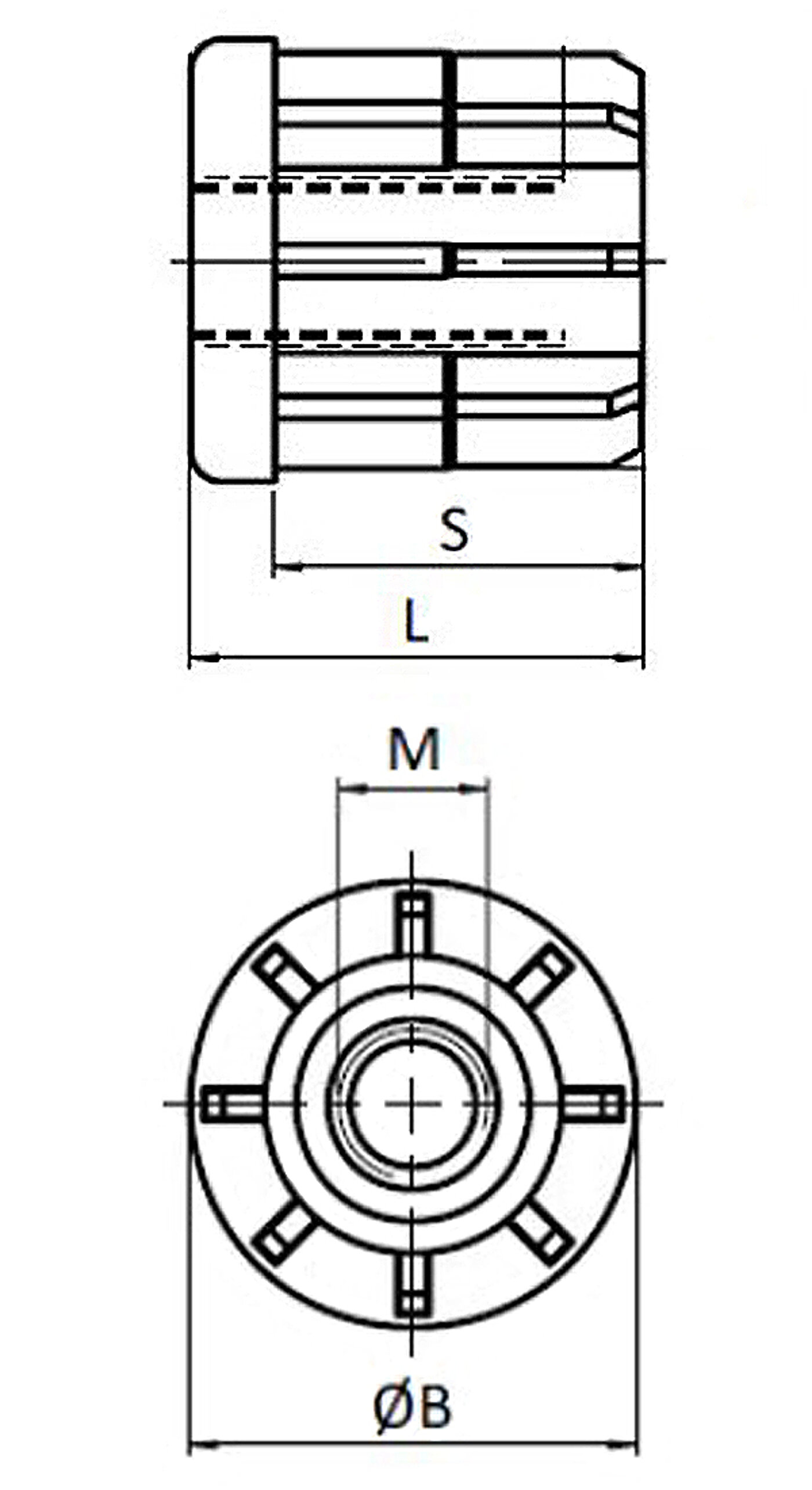 schematische Zeichnung eines zylindrischen Korpus aus Polyamid mit mittig platziertem bündig eingelassenen Innengewinde zum Einstecken in runde Rohrenden, in der Seitenansicht und in der Draufsicht
