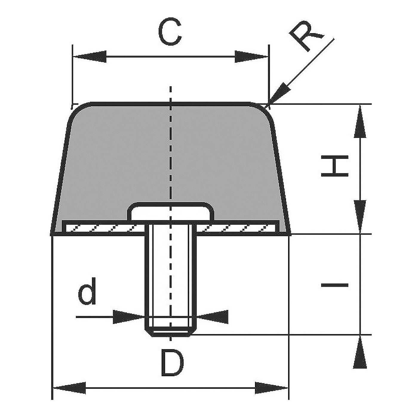 schematische Zeichnung eines Gummi-Metall-Elementes mit einseitigem Außengewinde und konischem Elastomerkorpus