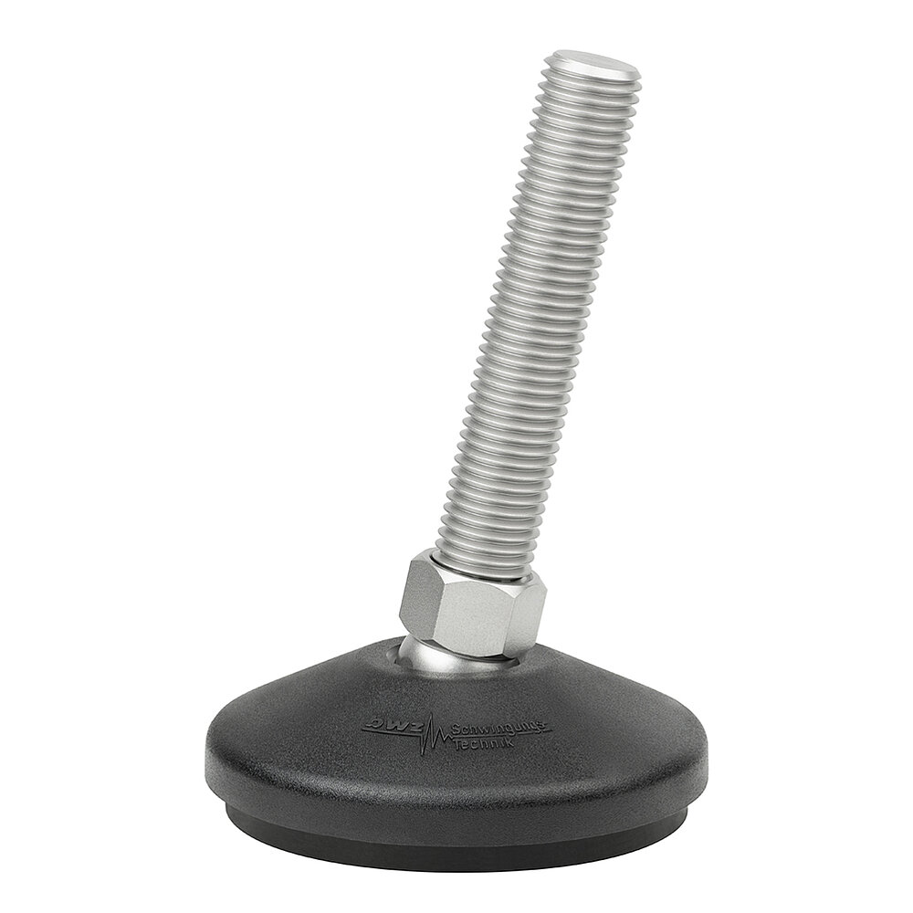 a round, upwards conically tapering machine foot made of black composite material with 100 mm diameter at the base, black elastomer NBR for non-slip protection at the bottom and slightly to the right tilted stainless steel thread M20x100 mm in a pendulum-action hexagonal spanner flat ball joint, isolated on white background