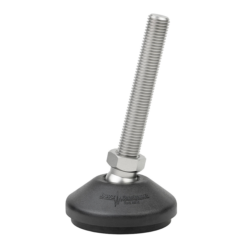 a round, upwards conically tapering machine foot made of black composite material with 80 mm diameter at the base, black elastomer NBR for non-slip protection at the bottom and slightly to the right tilted stainless steel thread M16x100 mm in a pendulum-action hexagonal spanner flat ball joint, isolated on white background